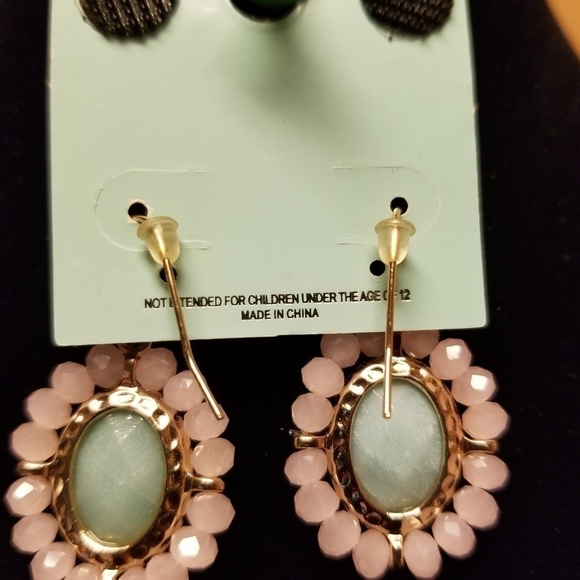 Earrings Aqua Gem Stone And Pink Beads - Picture 3 of 3